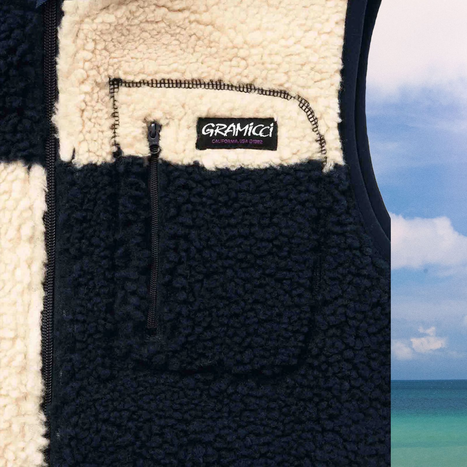 Gramicci - Checkered Sherpa Vest - Natural / Navy Check at 